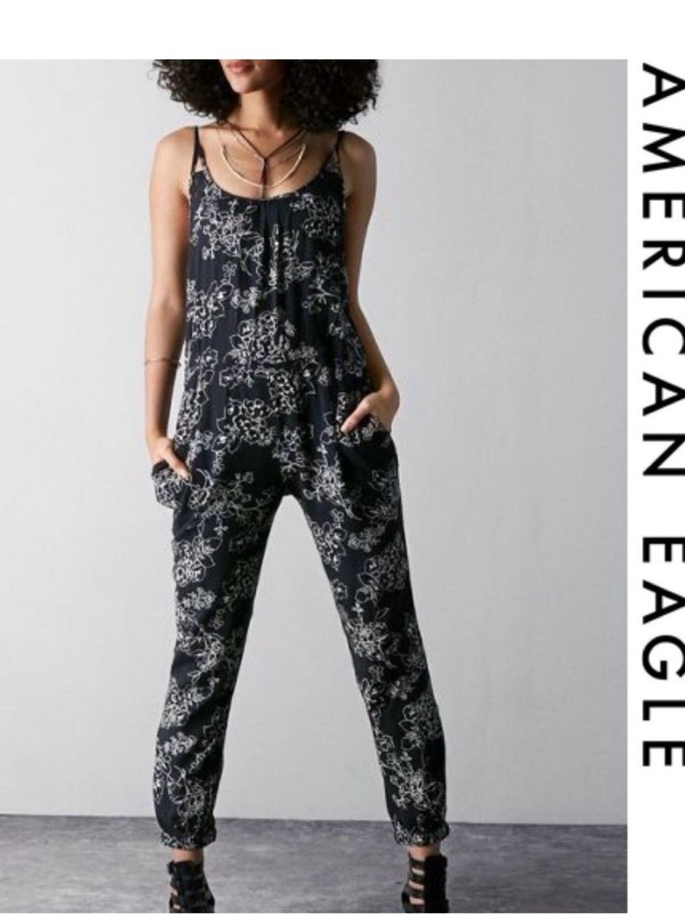American Eagle Black Floral-Print Spaghetti Strap Jumpsuit